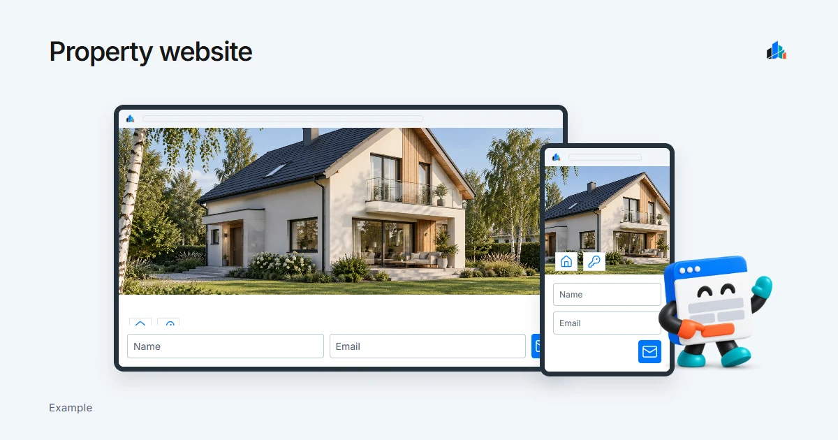 A home website on a desktop and a phone, with unit selection and a contact form. Example.