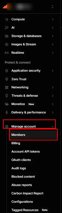Cloudflare menu: Manage account and Members