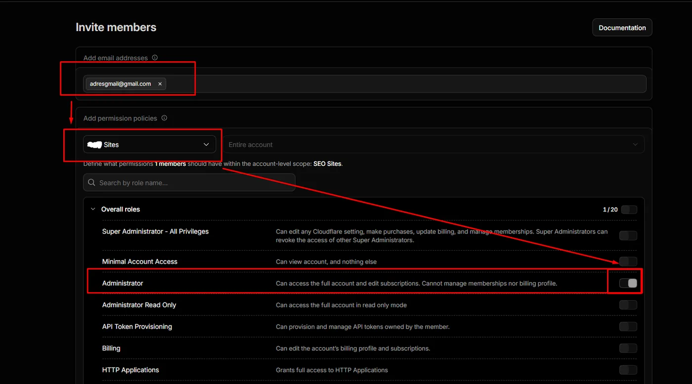 Cloudflare invitation: email address, account choice and the Administrator role