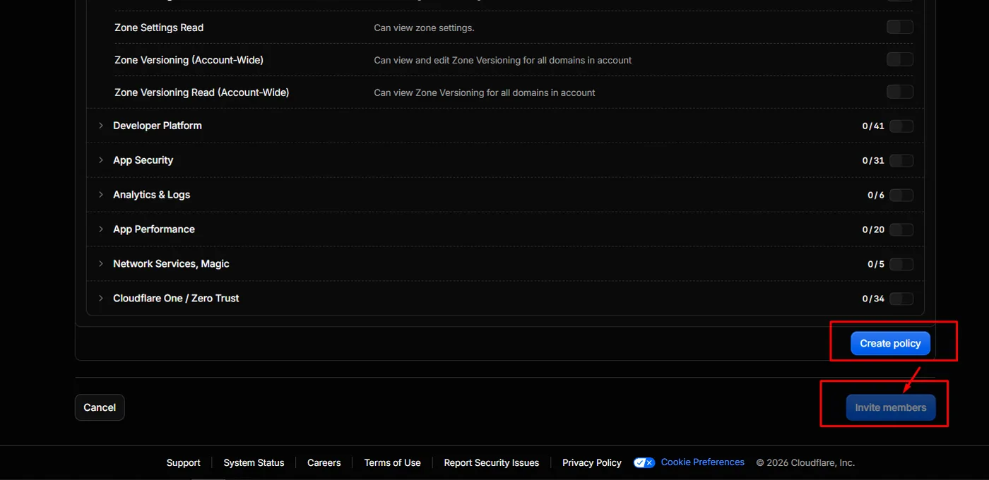 Create policy and Invite members buttons in Cloudflare
