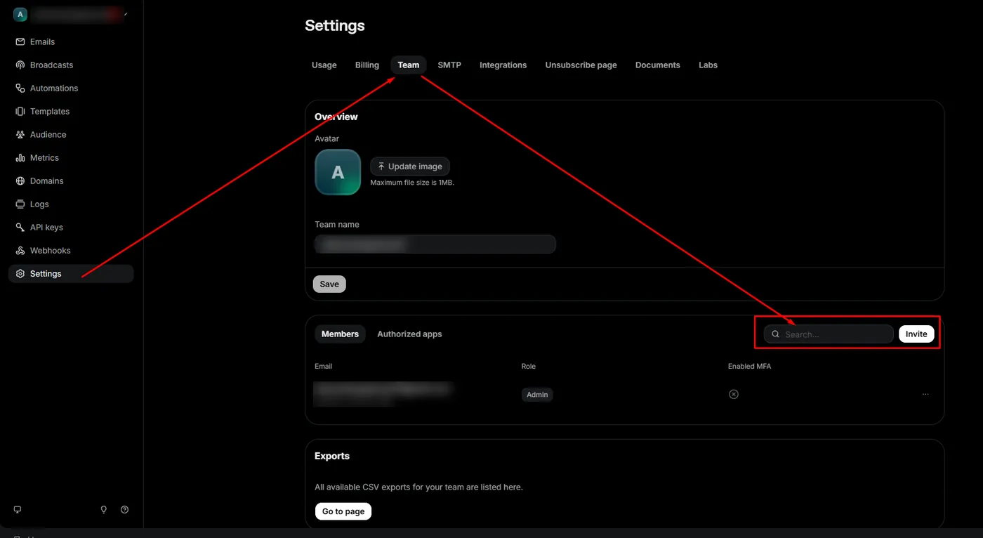 Resend settings: Settings menu, Team tab and the Invite button in the Members section