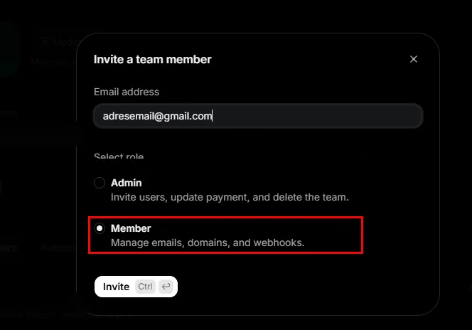 Resend invitation window with the Member role selected